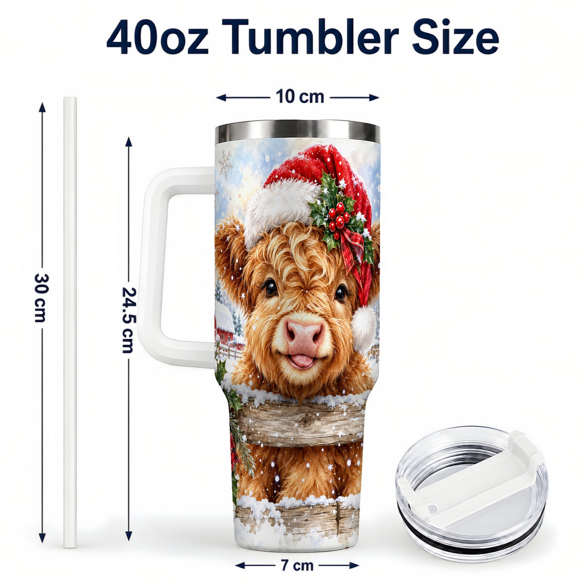 #pl[40oz|White] Christmas Cow 40oz Tumbler with Handle, Snowy Farm Steel Travel Cup