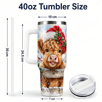 #pl[40oz|White] Christmas Cow 40oz Tumbler with Handle, Snowy Farm Steel Travel Cup