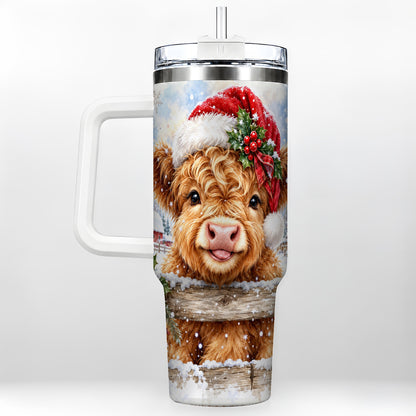 #pl[40oz|White] Christmas Cow 40oz Tumbler with Handle, Snowy Farm Steel Travel Cup
