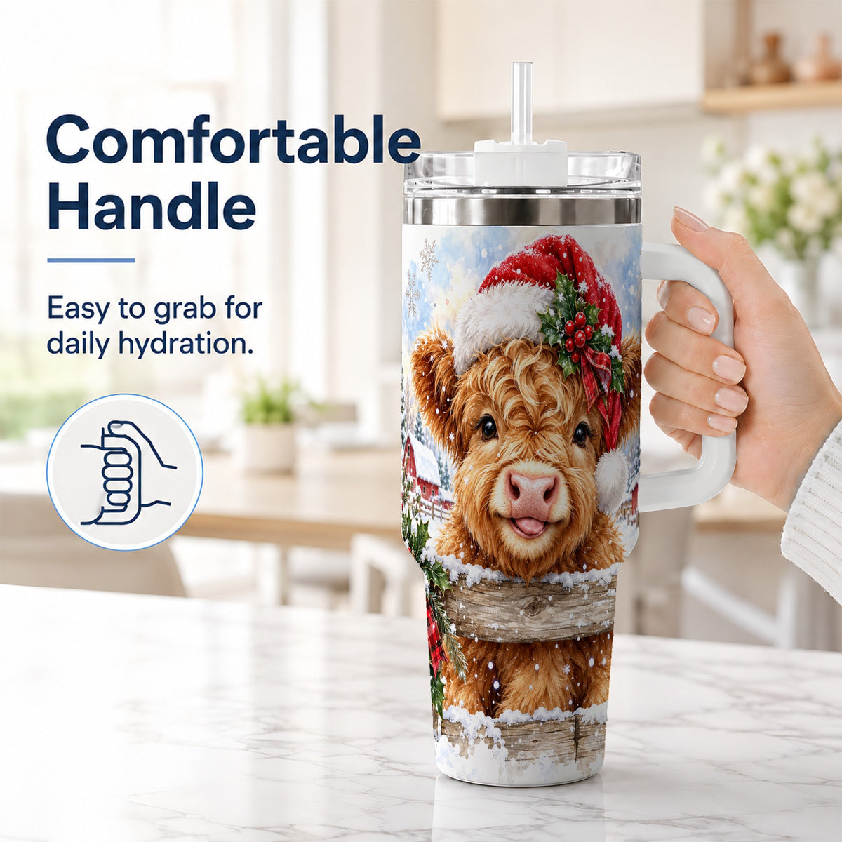 #pl[40oz|White] Christmas Cow 40oz Tumbler with Handle, Snowy Farm Steel Travel Cup