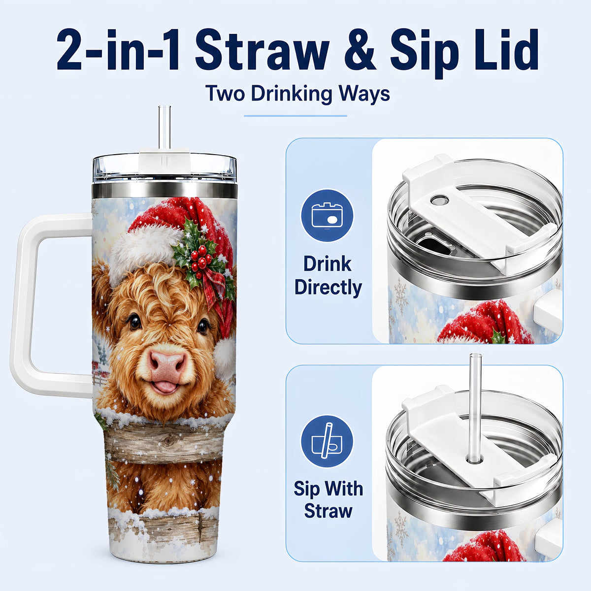 #pl[40oz|White] Christmas Cow 40oz Tumbler with Handle, Snowy Farm Steel Travel Cup