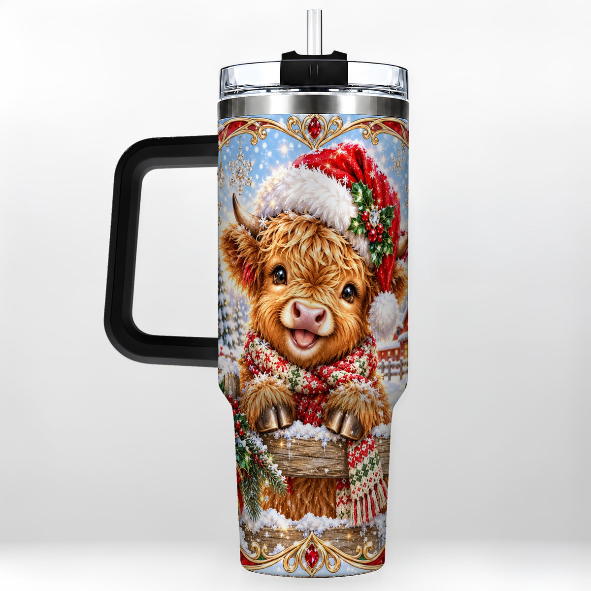 #pl[40oz|Black] Christmas Cow 40oz Tumbler with Handle, Poinsettia Steel Travel Cup