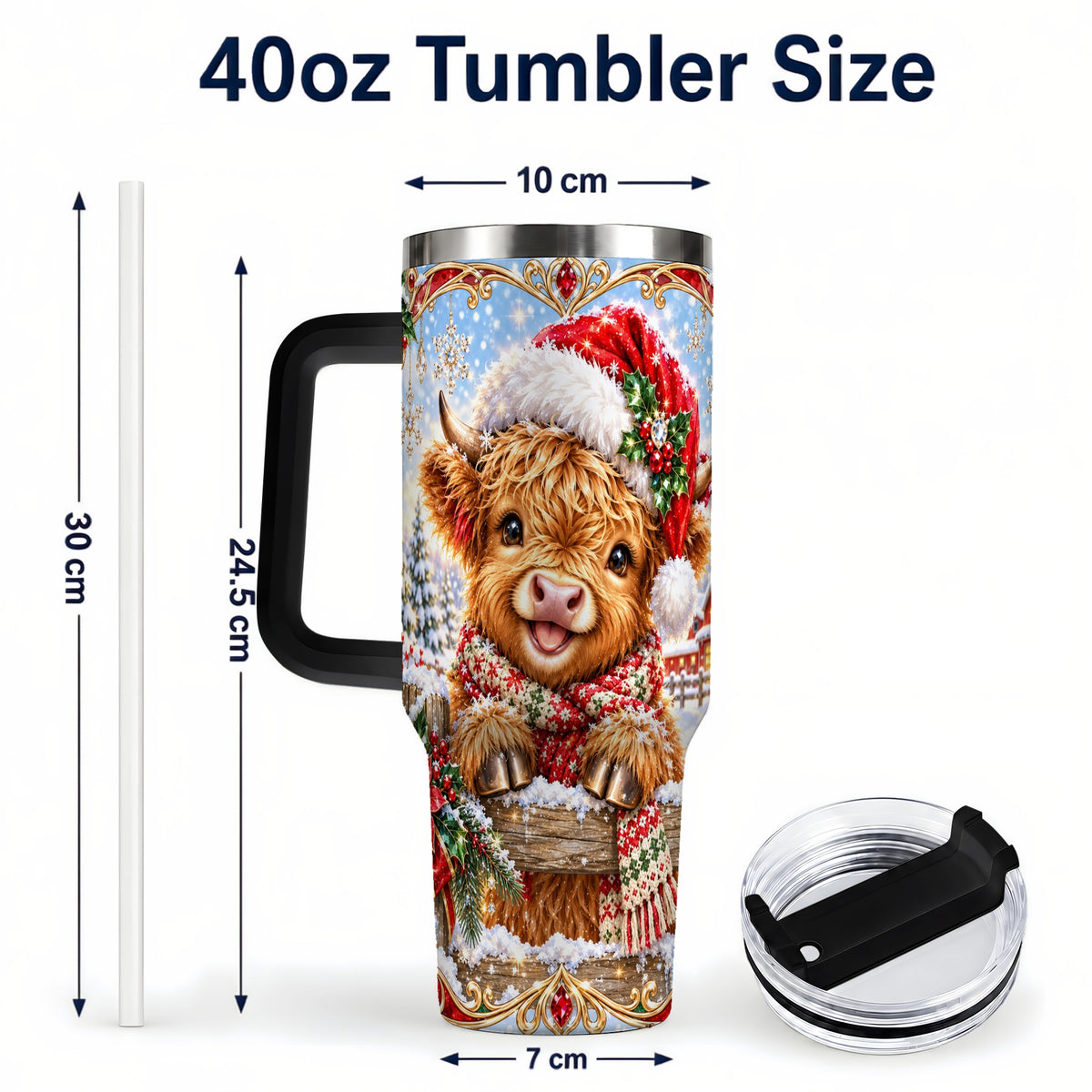 #pl[40oz|Black] Christmas Cow 40oz Tumbler with Handle, Poinsettia Steel Travel Cup