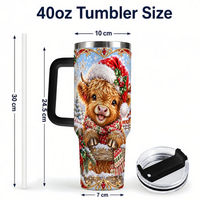 #pl[40oz|Black] Christmas Cow 40oz Tumbler with Handle, Poinsettia Steel Travel Cup