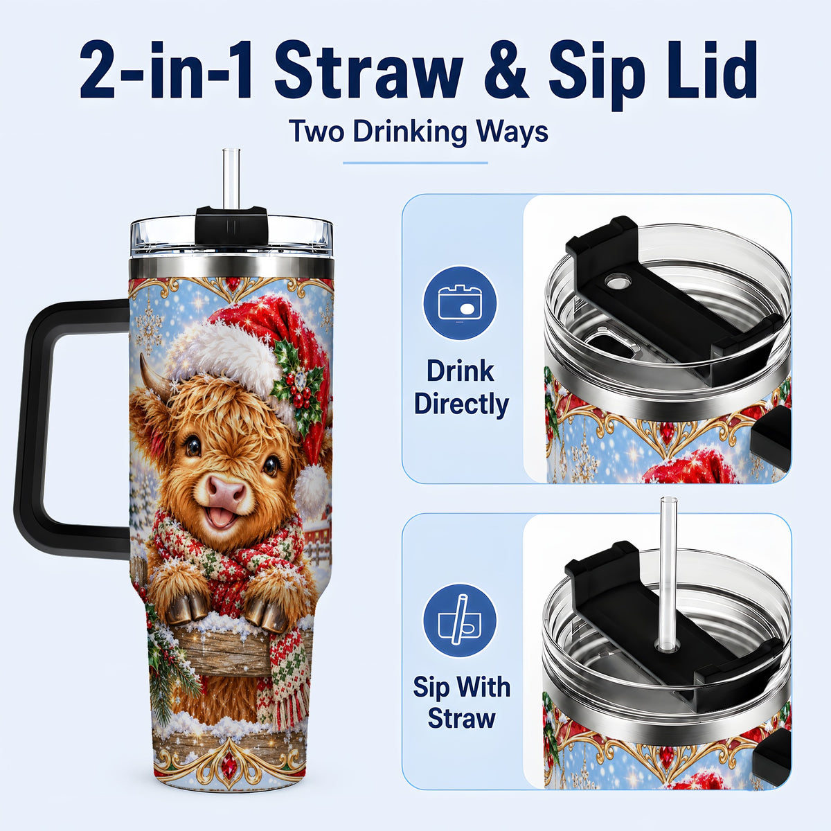 #pl[40oz|Black] Christmas Cow 40oz Tumbler with Handle, Poinsettia Steel Travel Cup
