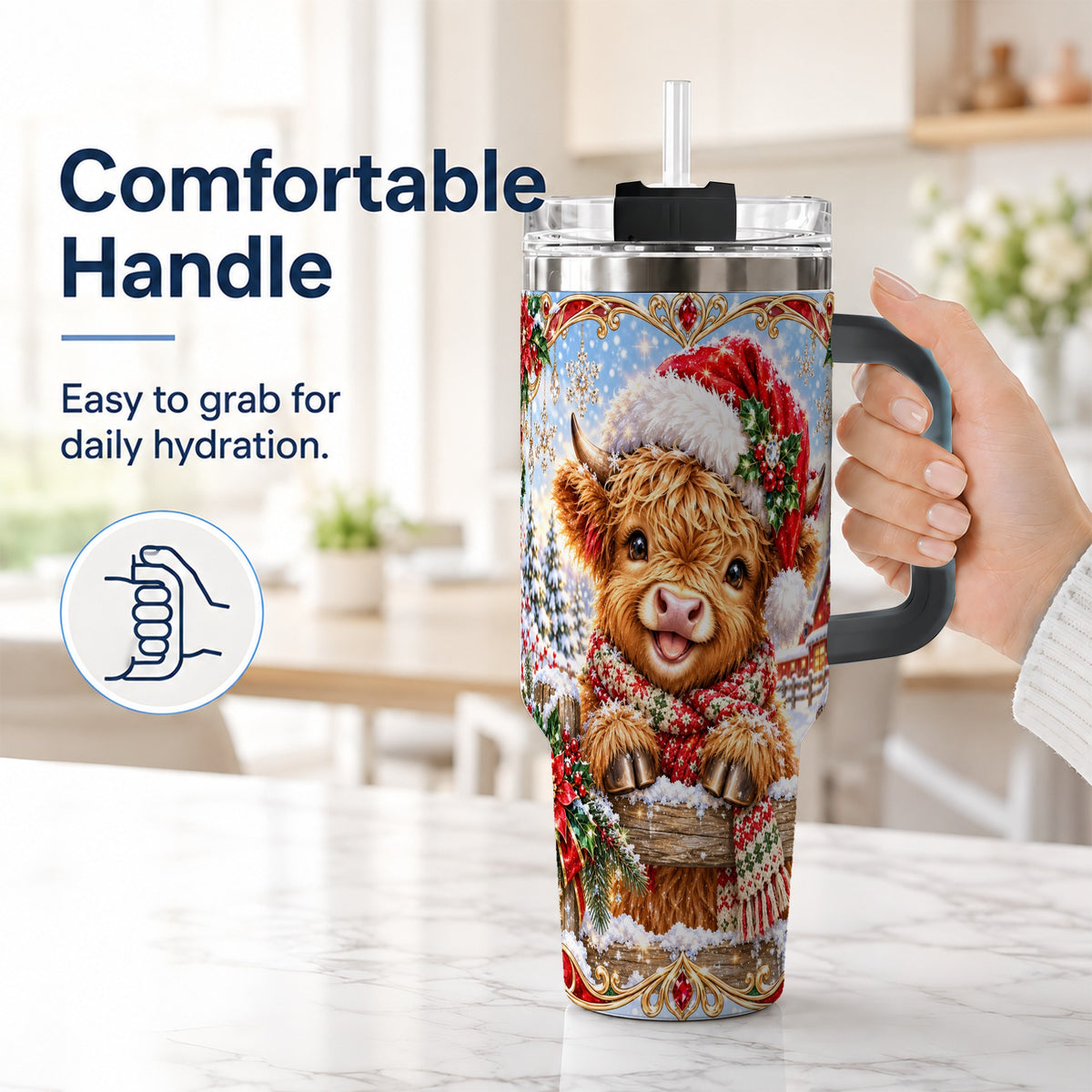 #pl[40oz|Black] Christmas Cow 40oz Tumbler with Handle, Poinsettia Steel Travel Cup