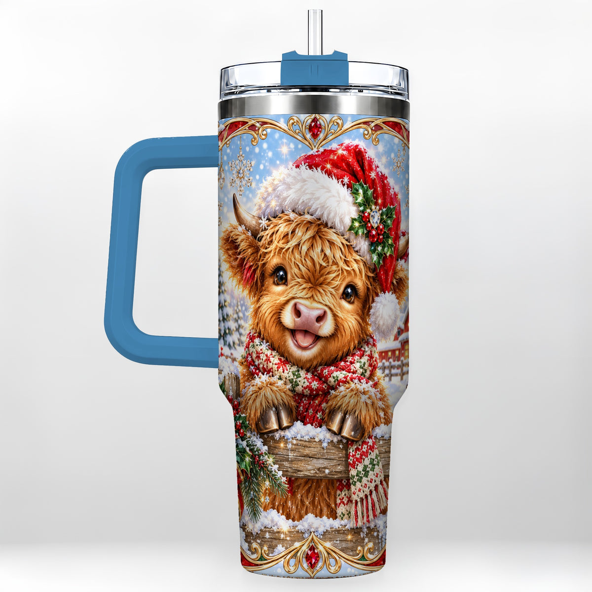 #pl[40oz|Blue] Christmas Cow 40oz Tumbler with Handle, Poinsettia Steel Travel Cup