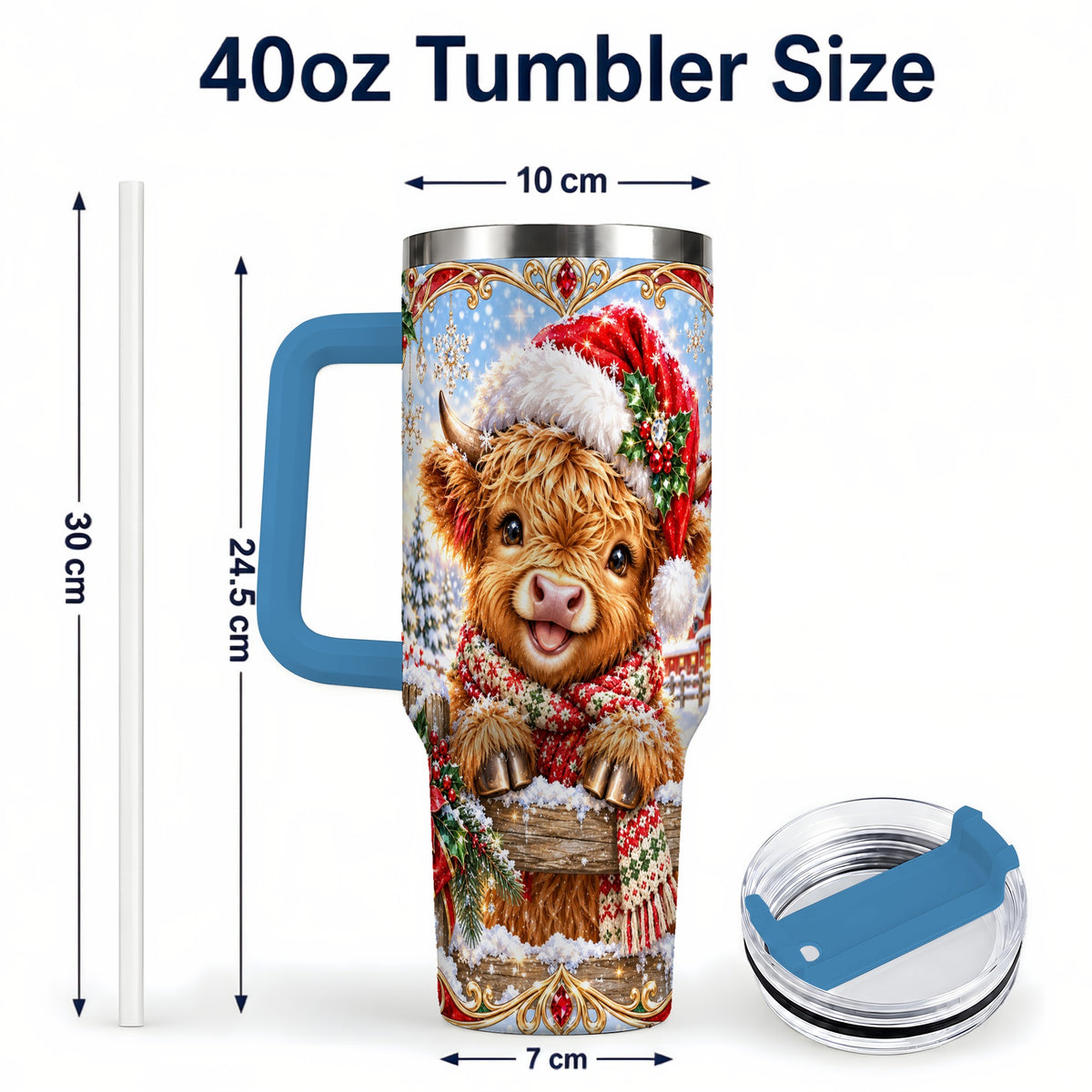 #pl[40oz|Blue] Christmas Cow 40oz Tumbler with Handle, Poinsettia Steel Travel Cup