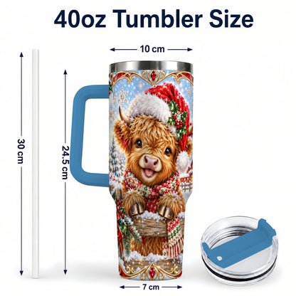 #pl[40oz|Blue] Christmas Cow 40oz Tumbler with Handle, Poinsettia Steel Travel Cup