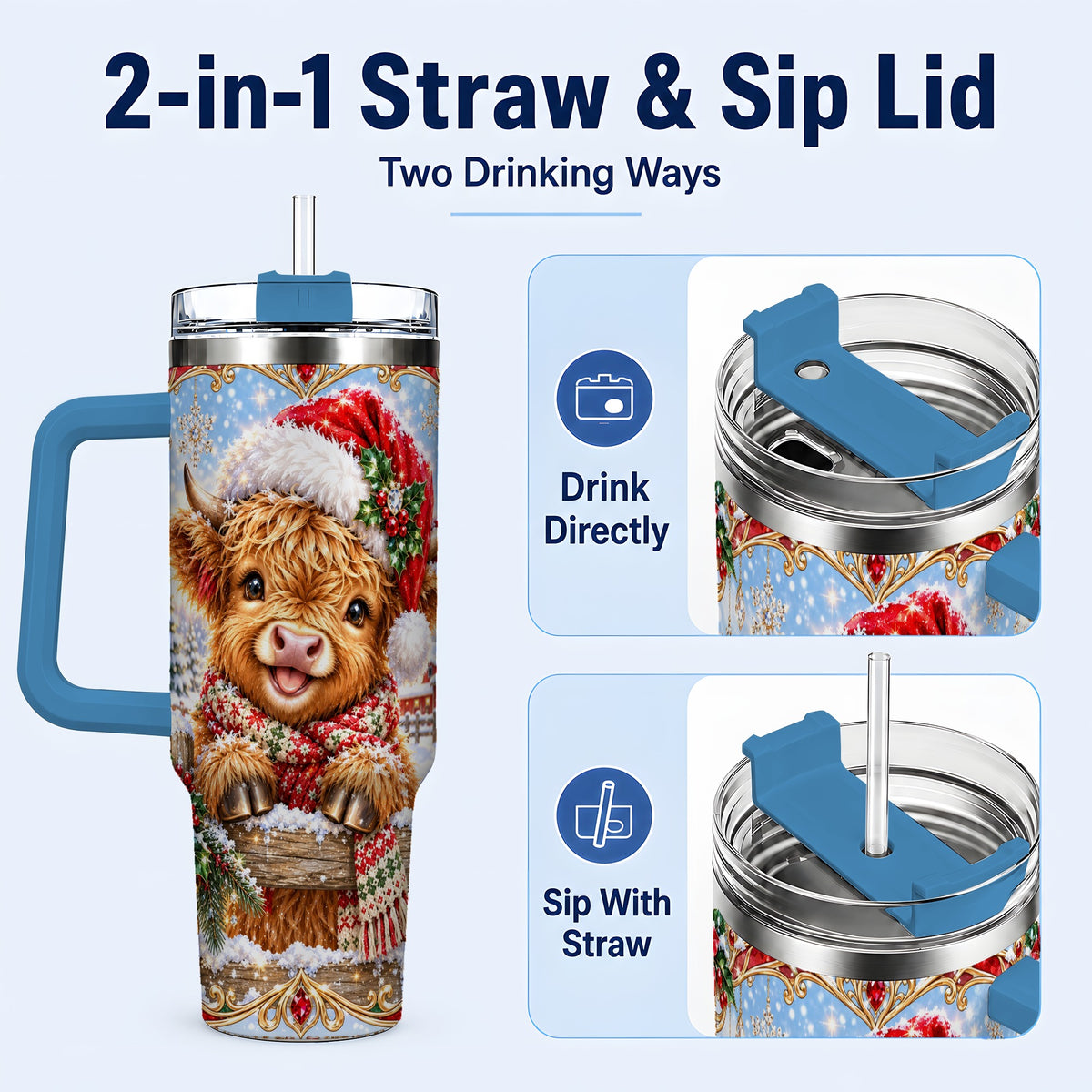 #pl[40oz|Blue] Christmas Cow 40oz Tumbler with Handle, Poinsettia Steel Travel Cup