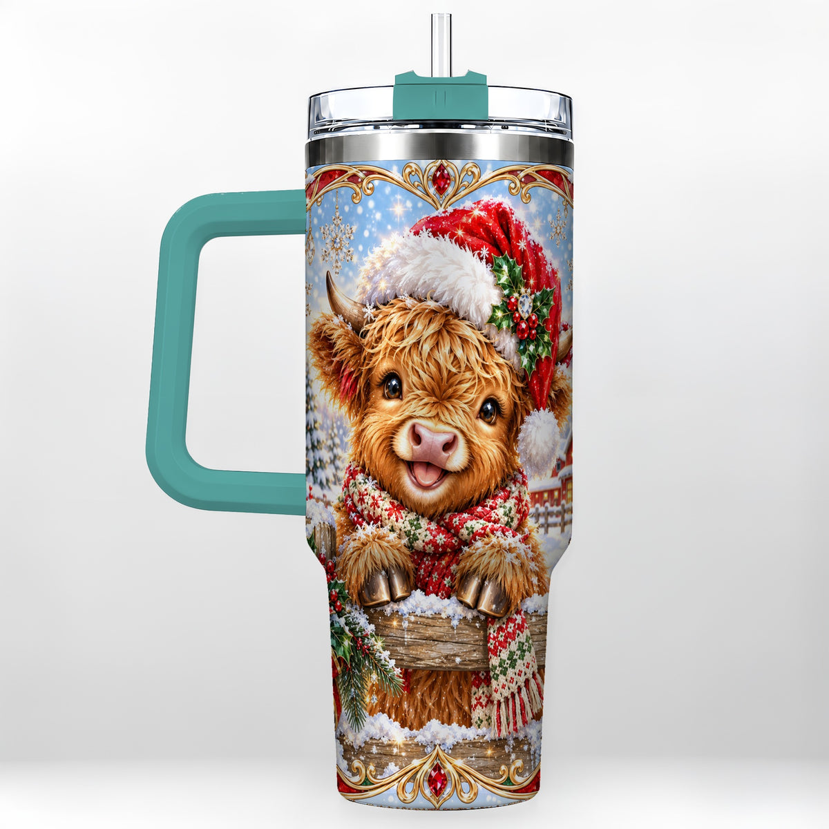 #pl[40oz|Green] Christmas Cow 40oz Tumbler with Handle, Poinsettia Steel Travel Cup
