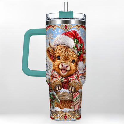 #pl[40oz|Green] Christmas Cow 40oz Tumbler with Handle, Poinsettia Steel Travel Cup