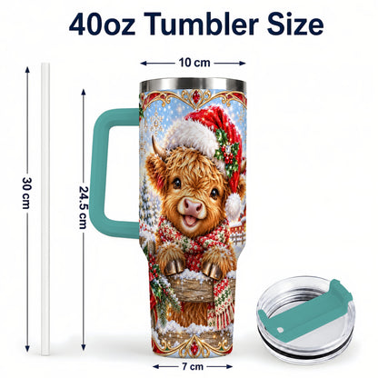 #pl[40oz|Green] Christmas Cow 40oz Tumbler with Handle, Poinsettia Steel Travel Cup