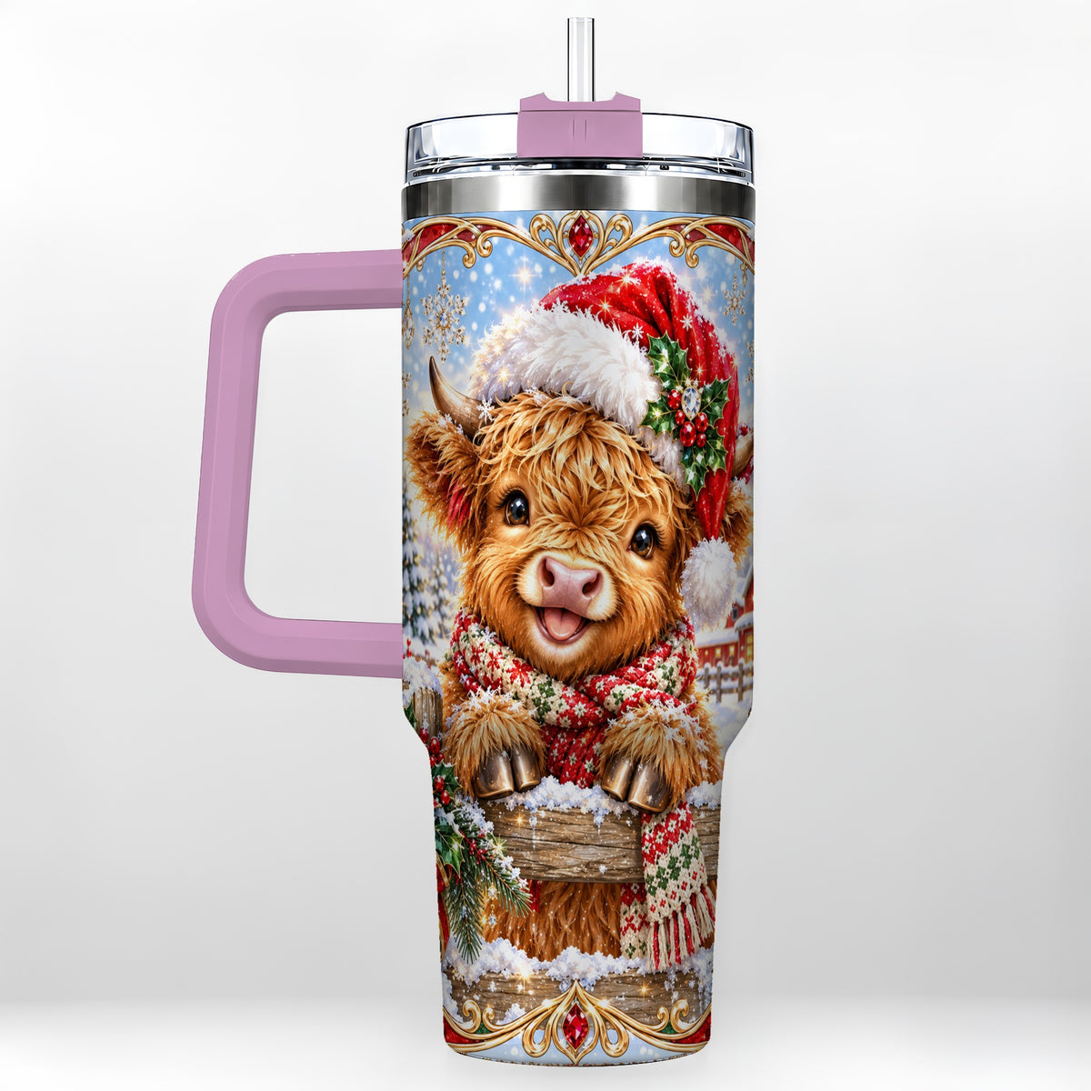 #pl[40oz|Pink] Christmas Cow 40oz Tumbler with Handle, Poinsettia Steel Travel Cup