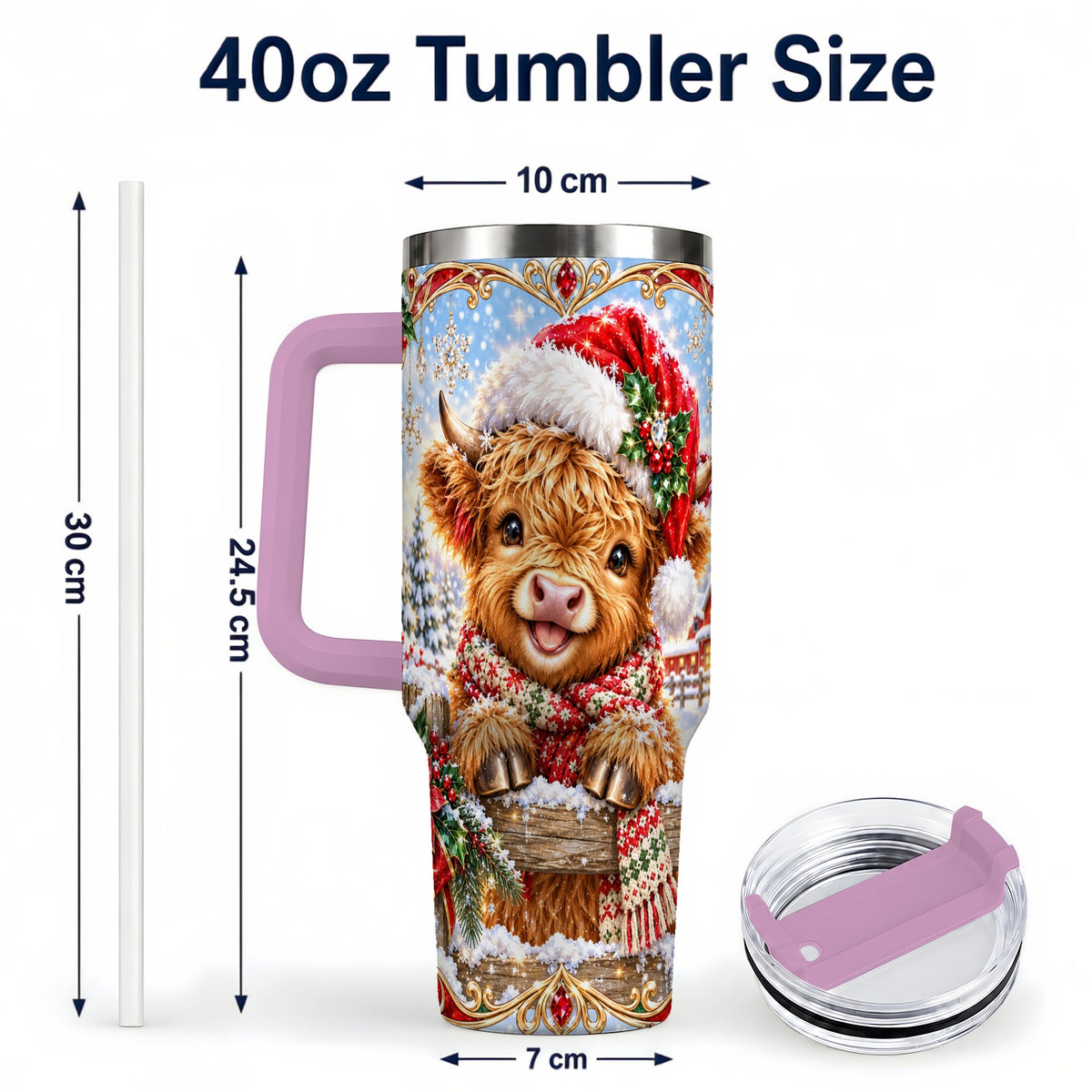 #pl[40oz|Pink] Christmas Cow 40oz Tumbler with Handle, Poinsettia Steel Travel Cup