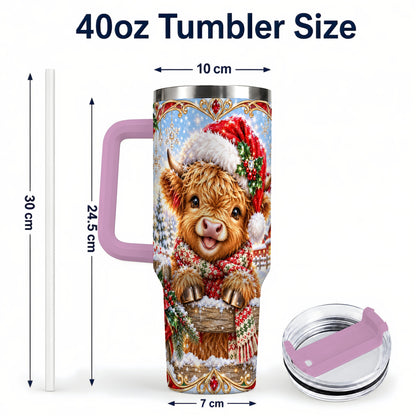 #pl[40oz|Pink] Christmas Cow 40oz Tumbler with Handle, Poinsettia Steel Travel Cup