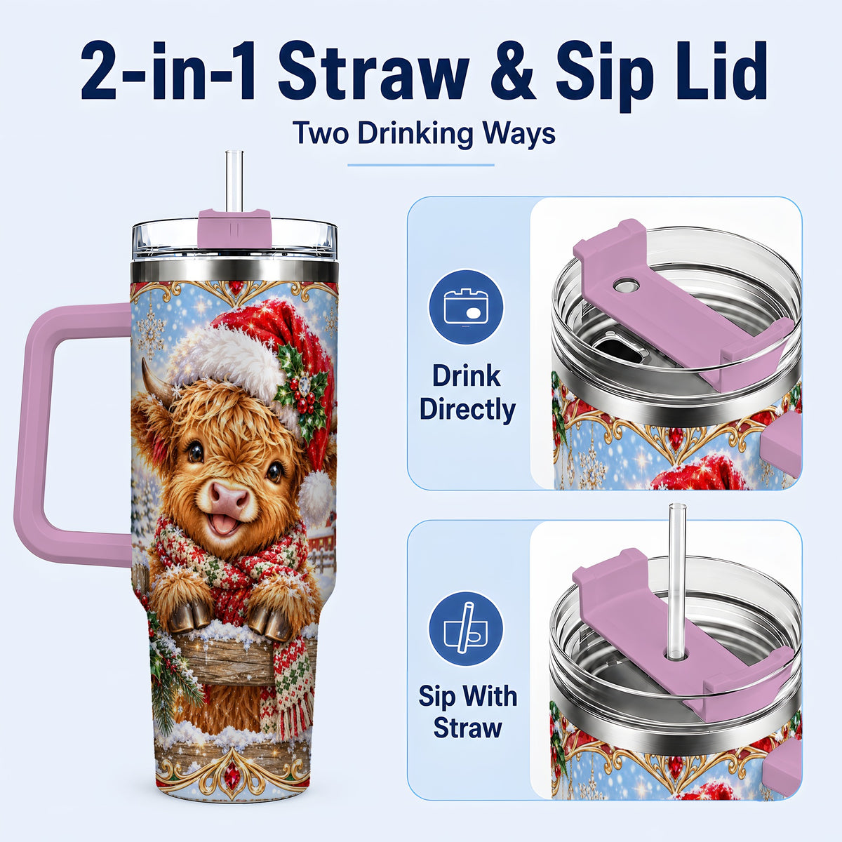 #pl[40oz|Pink] Christmas Cow 40oz Tumbler with Handle, Poinsettia Steel Travel Cup