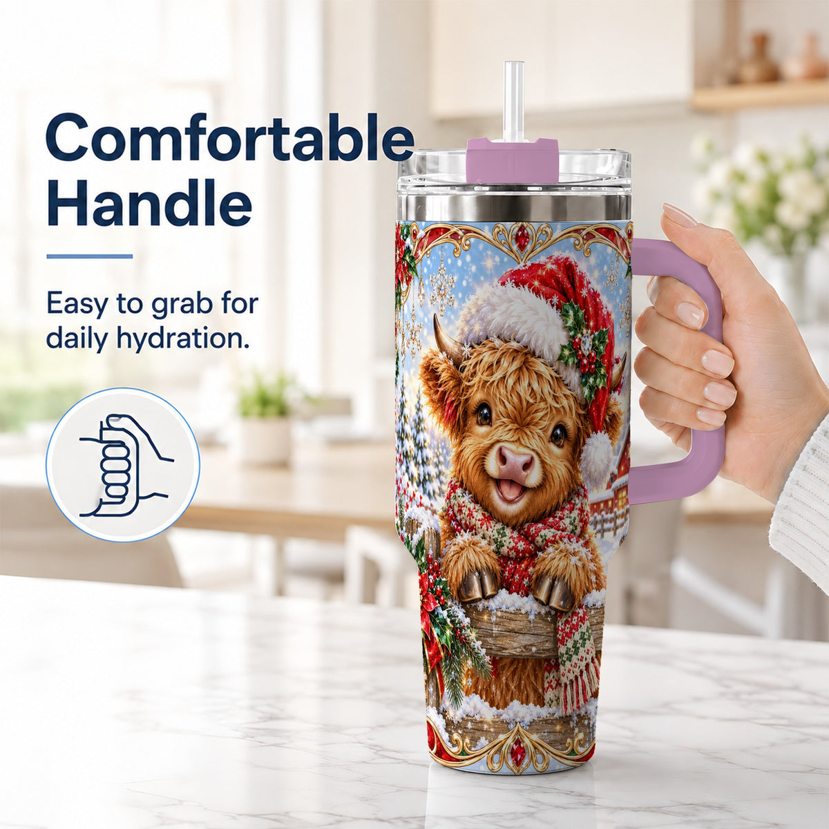 #pl[40oz|Pink] Christmas Cow 40oz Tumbler with Handle, Poinsettia Steel Travel Cup