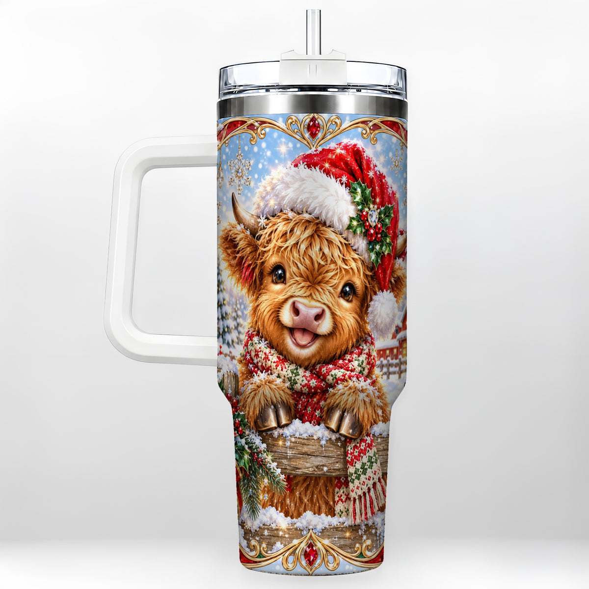#pl[40oz|White] Christmas Cow 40oz Tumbler with Handle, Poinsettia Steel Travel Cup