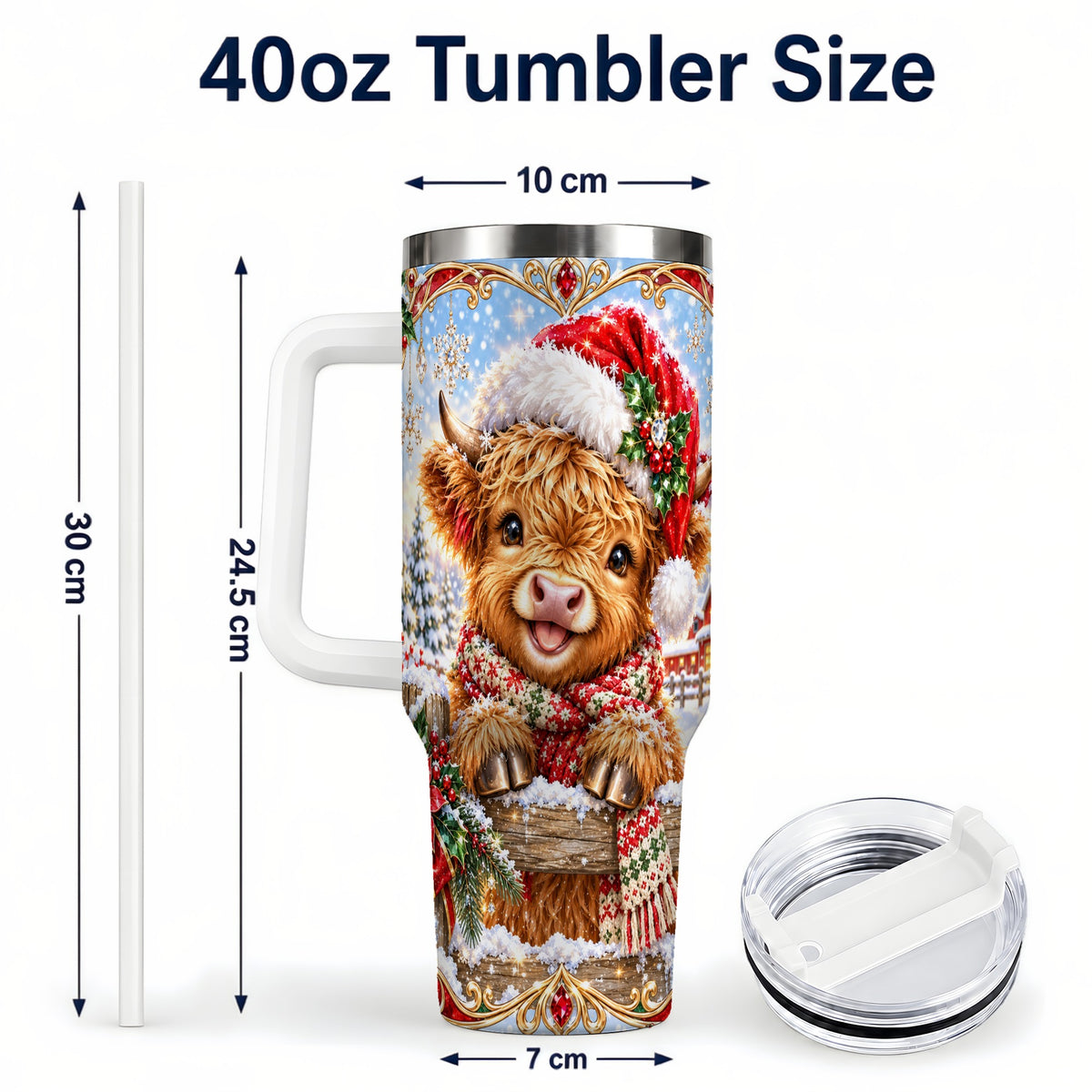 #pl[40oz|White] Christmas Cow 40oz Tumbler with Handle, Poinsettia Steel Travel Cup