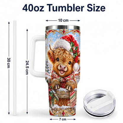 #pl[40oz|White] Christmas Cow 40oz Tumbler with Handle, Poinsettia Steel Travel Cup