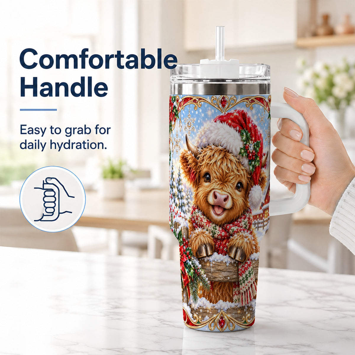 #pl[40oz|White] Christmas Cow 40oz Tumbler with Handle, Poinsettia Steel Travel Cup