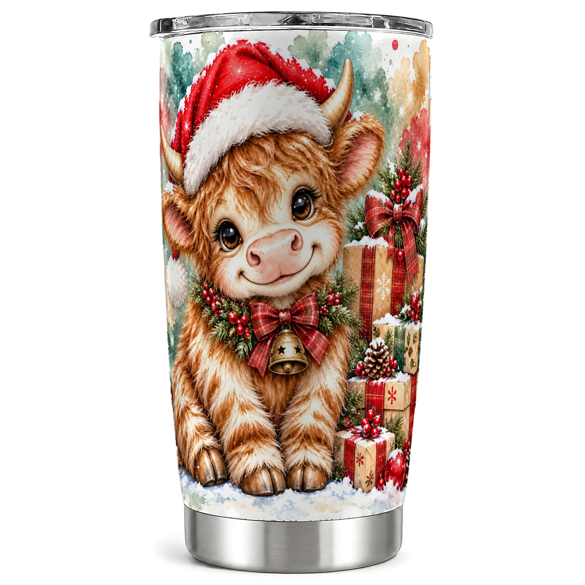 #pl[20oz|Steel] Christmas Highland Cow 20oz Tumbler, Festive Stainless Steel Travel Cup