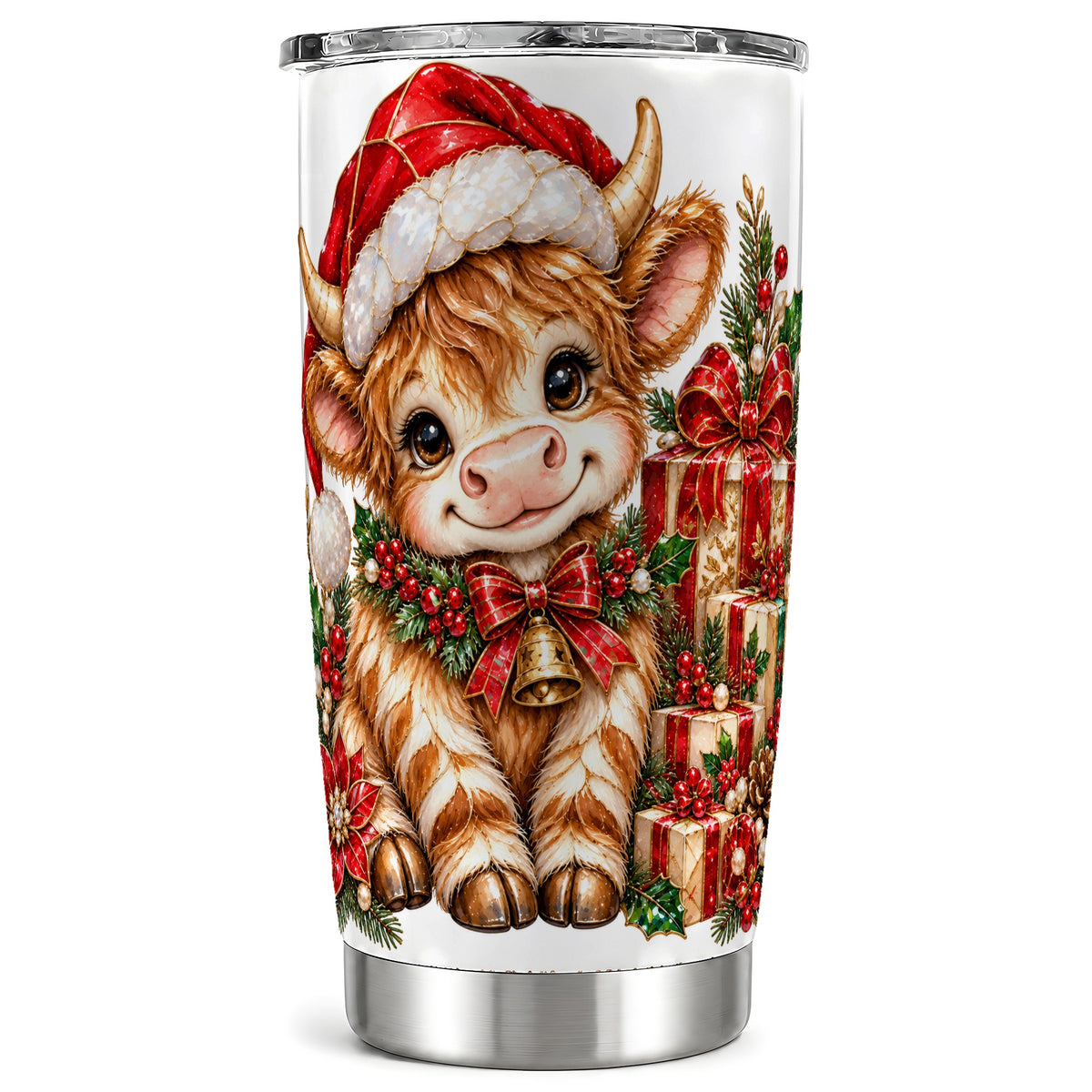 #pl[20oz|Steel] Christmas Highland Cow 20oz Tumbler, Holly Stainless Steel Travel Cup