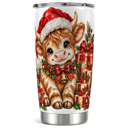 #pl[20oz|Steel] Christmas Highland Cow 20oz Tumbler, Holly Stainless Steel Travel Cup