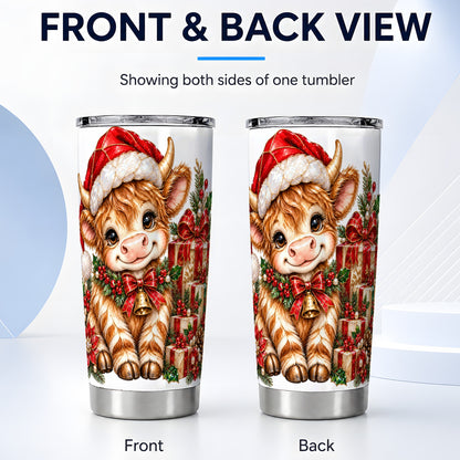 #pl[20oz|Steel] Christmas Highland Cow 20oz Tumbler, Holly Stainless Steel Travel Cup