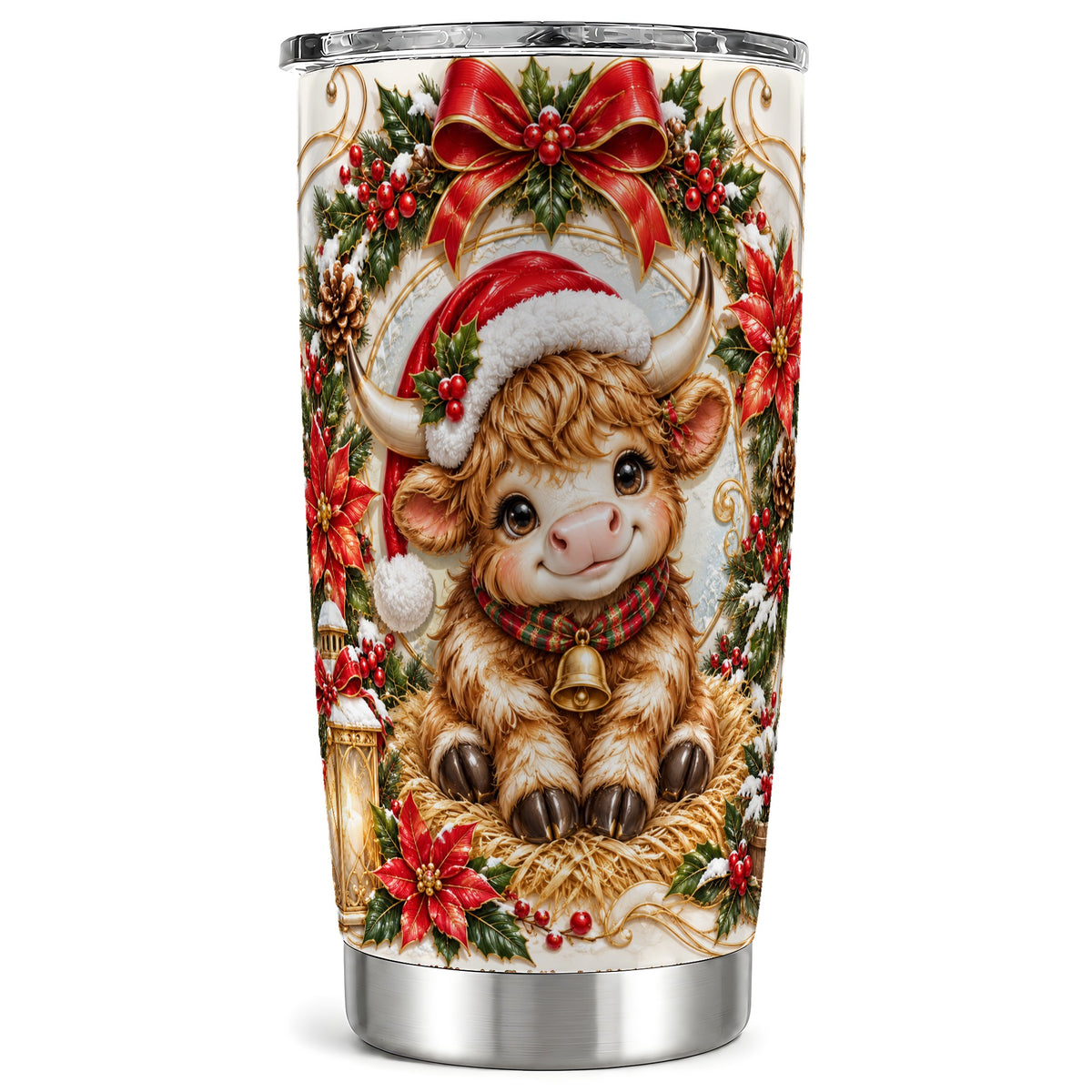#pl[20oz|Steel] Christmas Highland Cow 20oz Tumbler, Poinsettia Steel Travel Cup