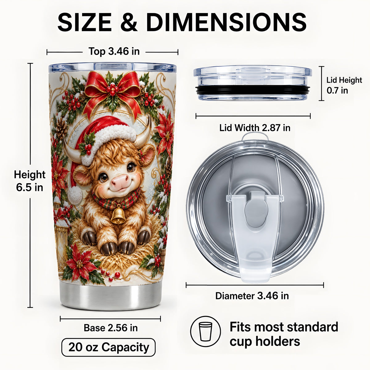 #pl[20oz|Steel] Christmas Highland Cow 20oz Tumbler, Poinsettia Steel Travel Cup