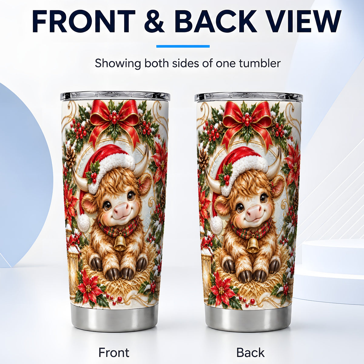 #pl[20oz|Steel] Christmas Highland Cow 20oz Tumbler, Poinsettia Steel Travel Cup