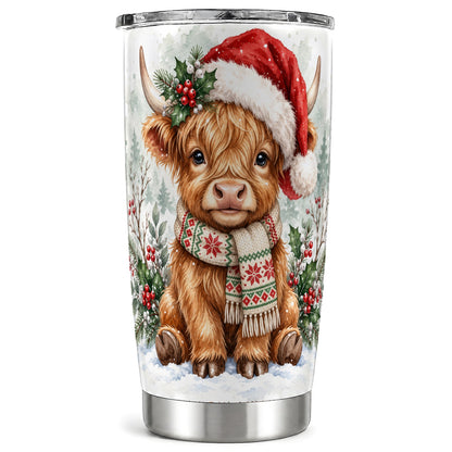 #pl[20oz|Steel] Highland Cow Christmas Tumbler 20oz, Winter Calf Stainless Steel Travel Cup