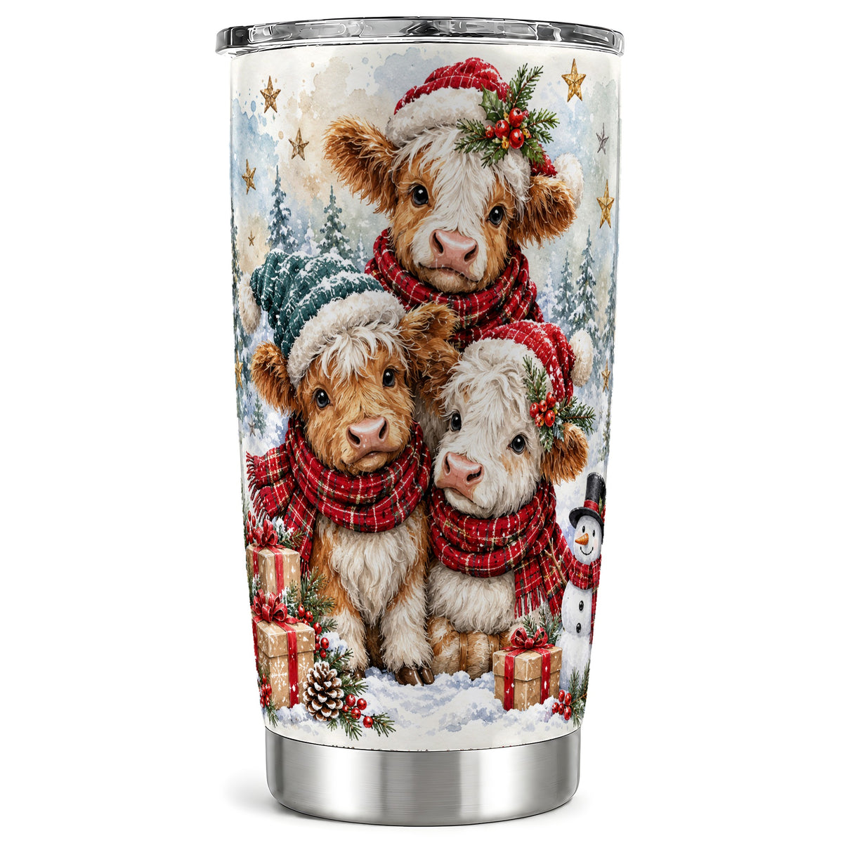 #pl[20oz|Steel] Christmas Highland Cow Tumbler 20oz, Calves Stainless Steel Travel Cup