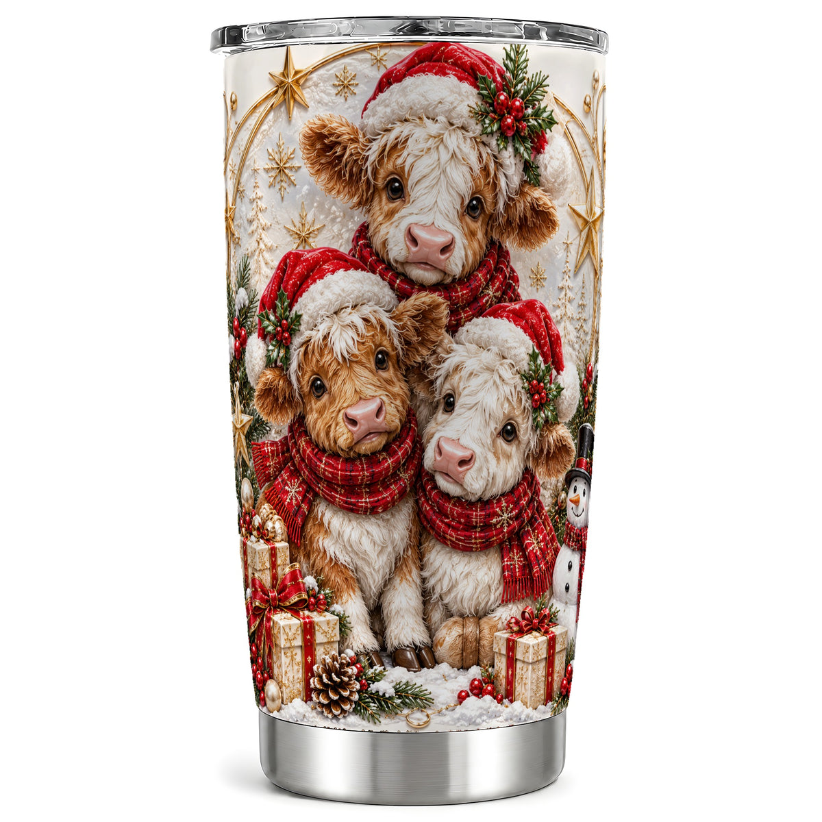 #pl[20oz|Steel] Ornate Christmas Cow Tumbler 20oz, Calves Stainless Steel Travel Cup