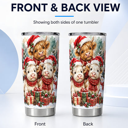 #pl[20oz|Steel] Highland Cow Christmas Tumbler 20oz, Snowy Calf Stainless Steel Travel Cup