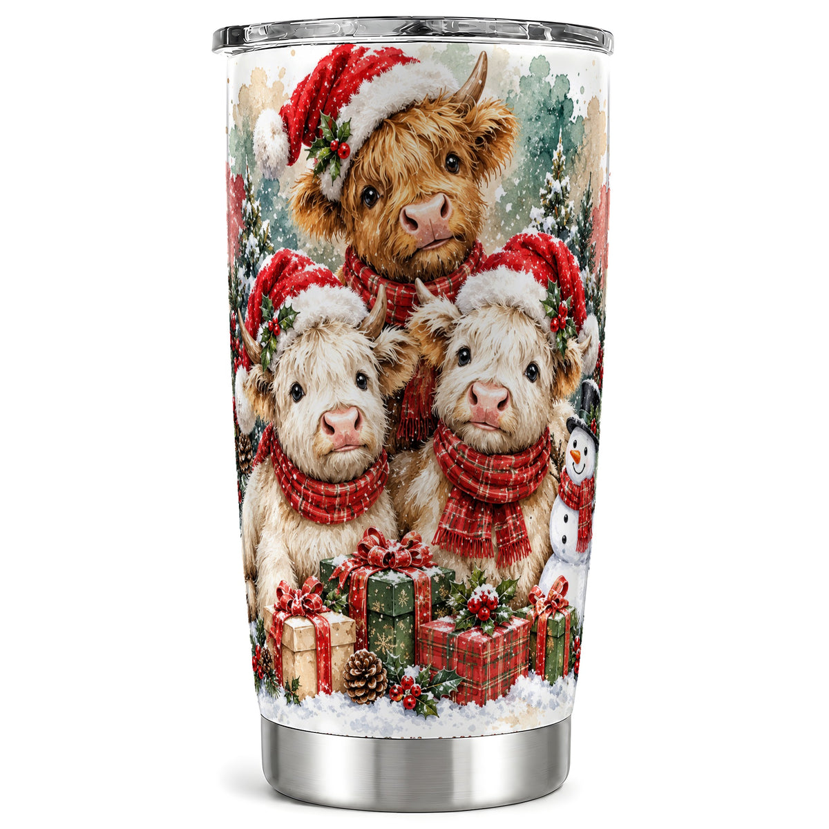 #pl[20oz|Steel] Highland Cow Christmas Tumbler 20oz, Snowy Calf Stainless Steel Travel Cup