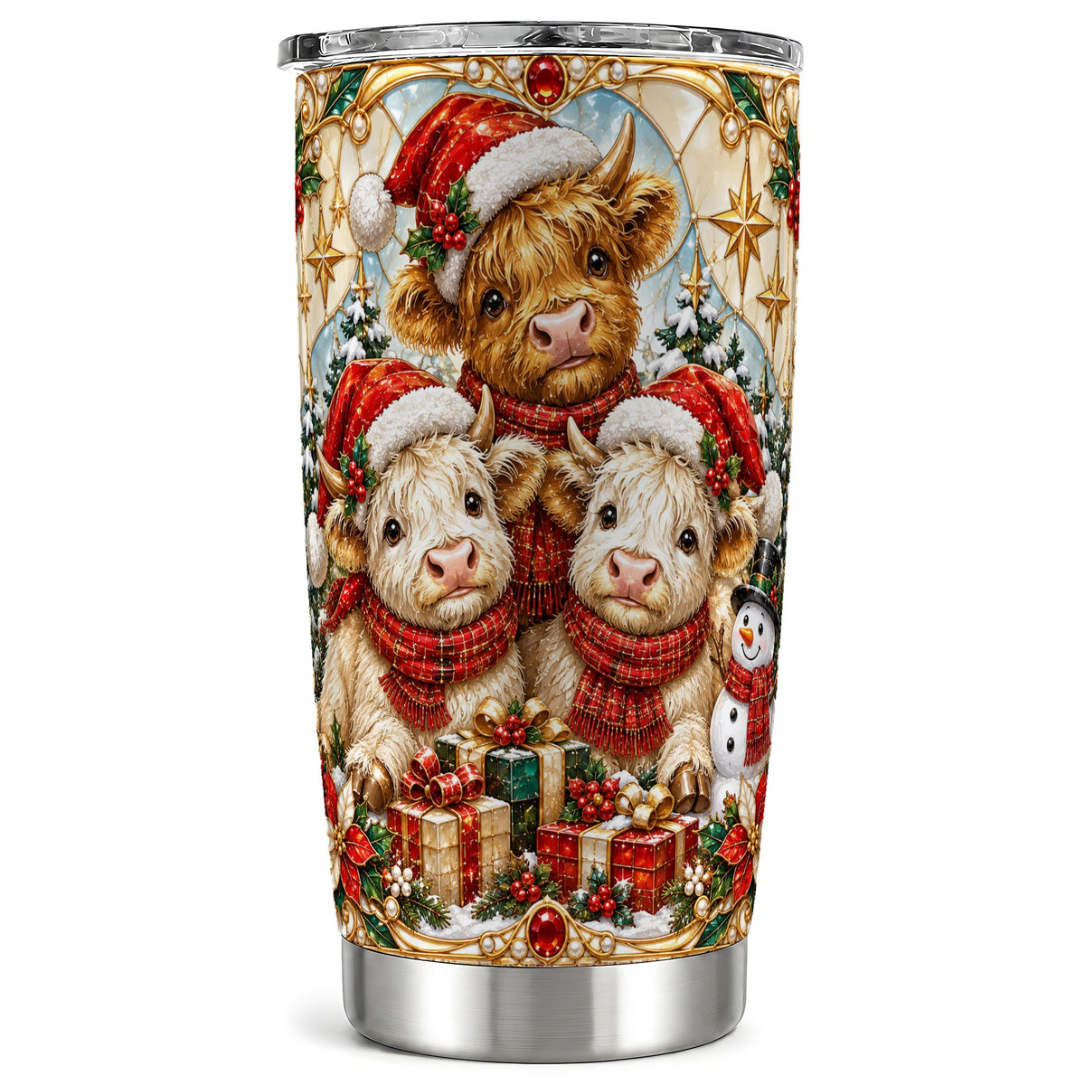 #pl[20oz|Steel] Stained Glass Cow Tumbler 20oz, Christmas Calves Stainless Steel Travel Cup