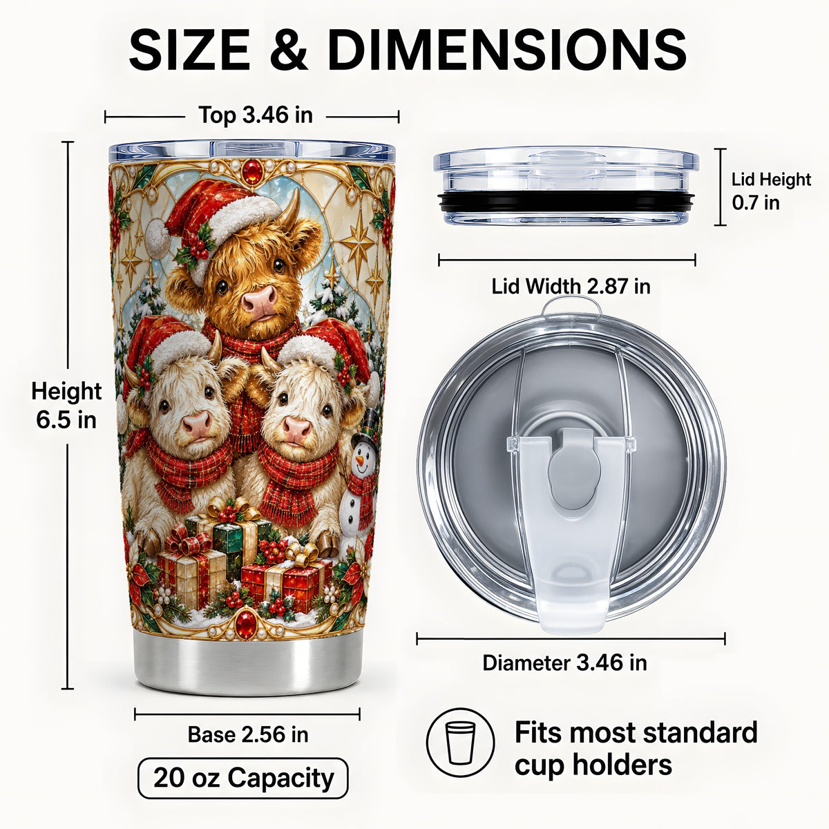 #pl[20oz|Steel] Stained Glass Cow Tumbler 20oz, Christmas Calves Stainless Steel Travel Cup