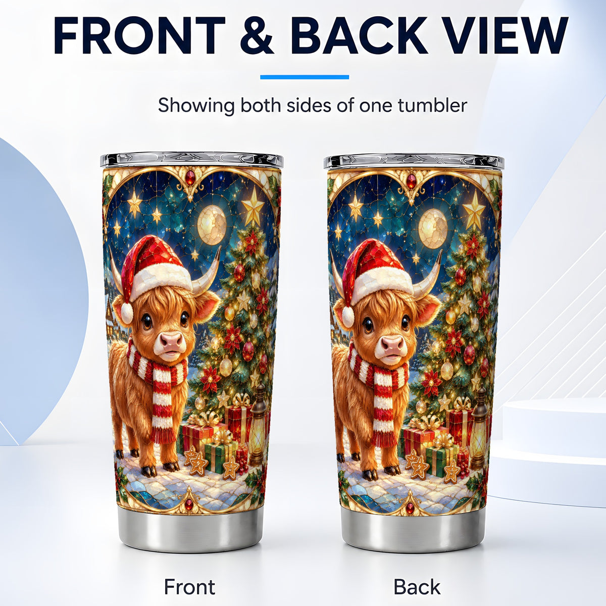 #pl[20oz|Steel] Stained Glass Christmas Cow Tumbler 20oz, Holiday Tumbler, Steel Travel Cup