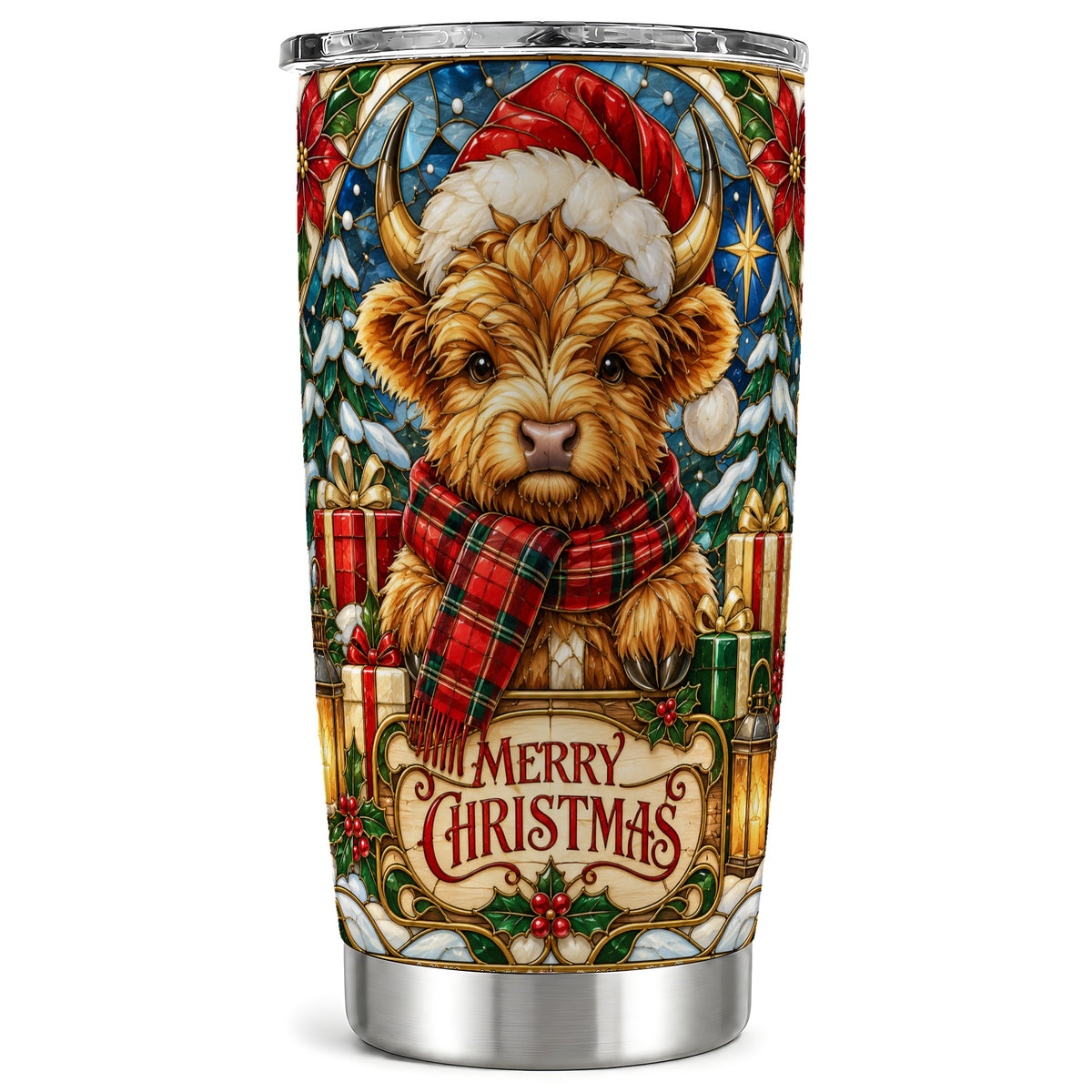 #pl[20oz|Steel] Merry Christmas Highland Cow Tumbler 20oz, Holiday Tumbler, Travel Cup
