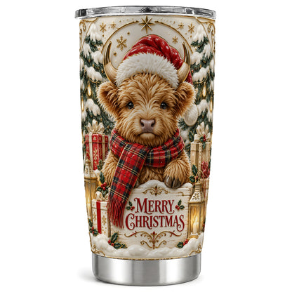 #pl[20oz|Steel] Snowy Christmas Highland Cow Tumbler 20oz, Holiday Tumbler, Travel Cup