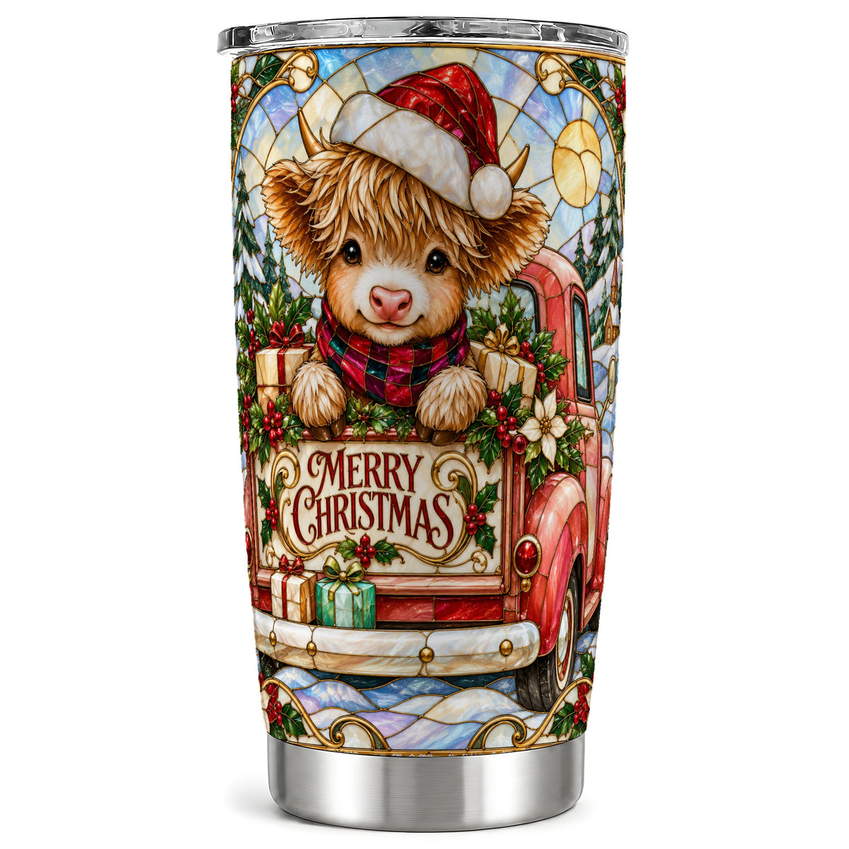 #pl[20oz|Steel] Christmas Highland Cow Truck Tumbler 20oz, Holiday Tumbler, Travel Cup