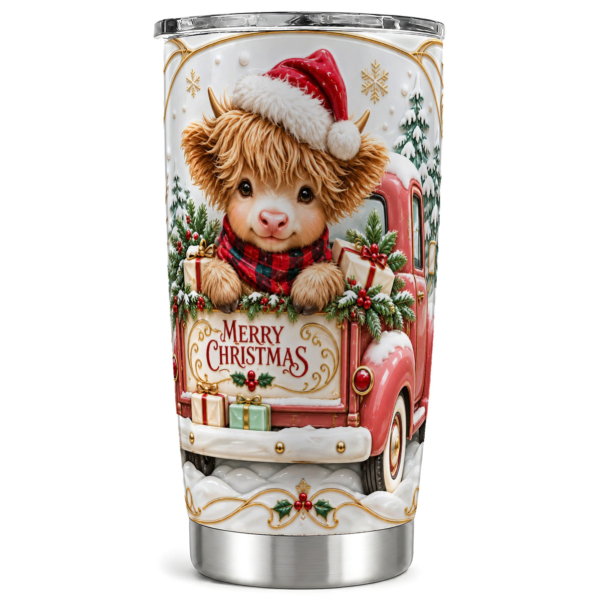 #pl[20oz|Steel] Christmas Cow Tumbler 20oz, Holiday Truck, Stainless Steel Travel Cup
