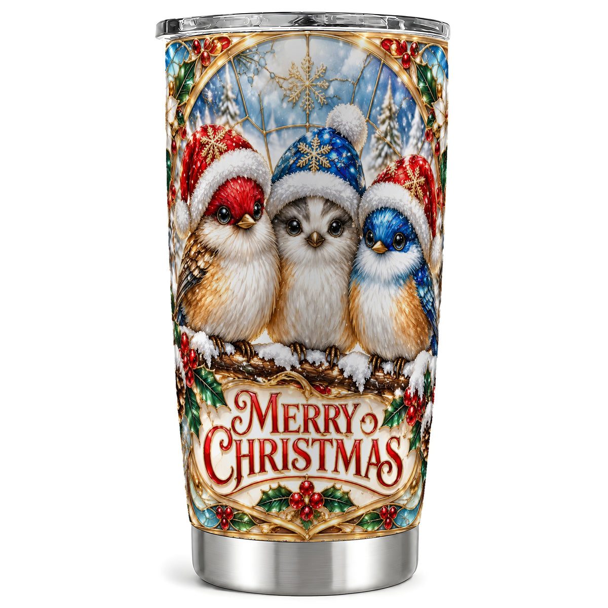 #pl[20oz|Steel] Merry Christmas Birds Tumbler 20oz, Stained Glass Style Travel Cup