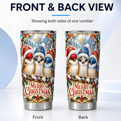 #pl[20oz|Steel] Merry Christmas Birds Tumbler 20oz, Stained Glass Style Travel Cup