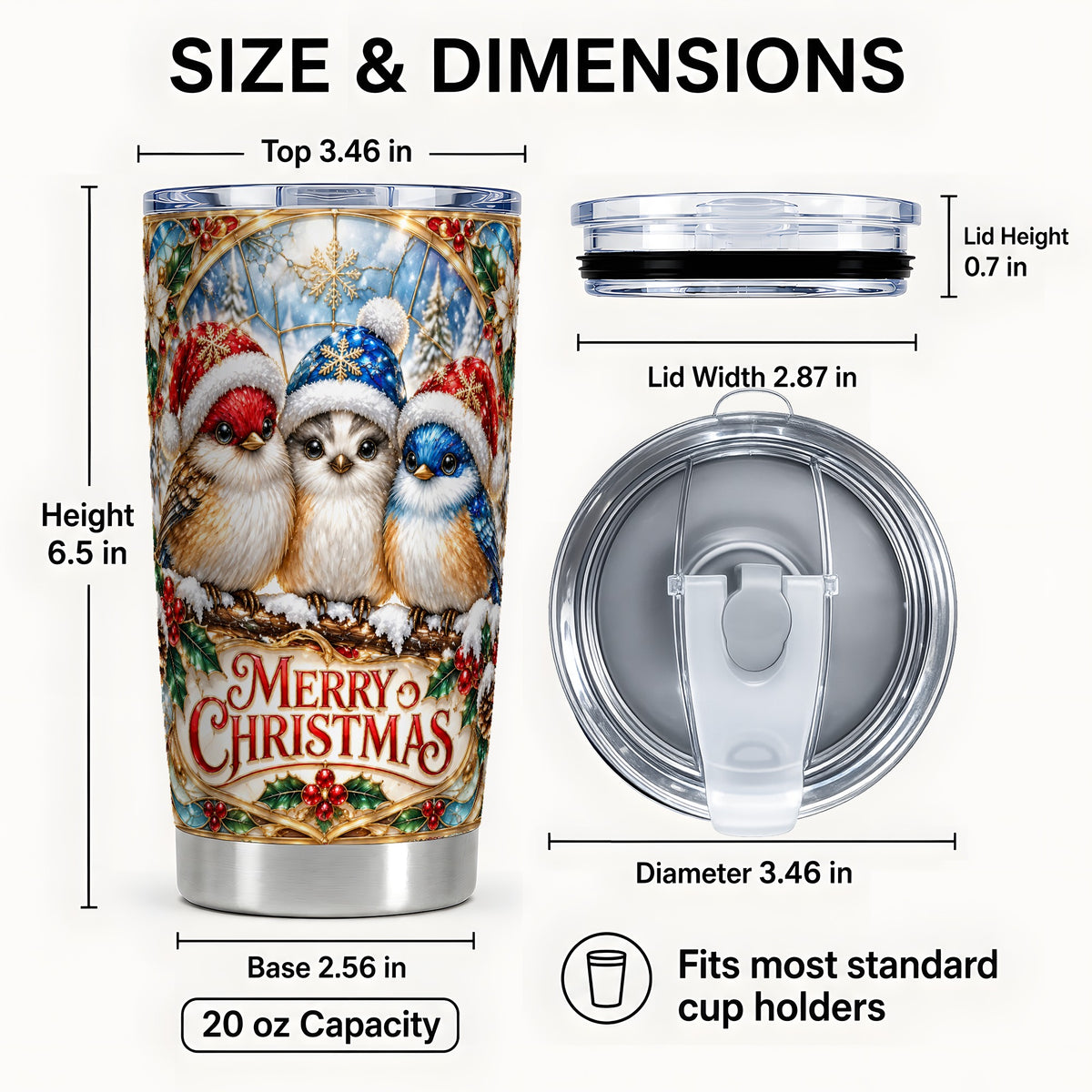 #pl[20oz|Steel] Merry Christmas Birds Tumbler 20oz, Stained Glass Style Travel Cup