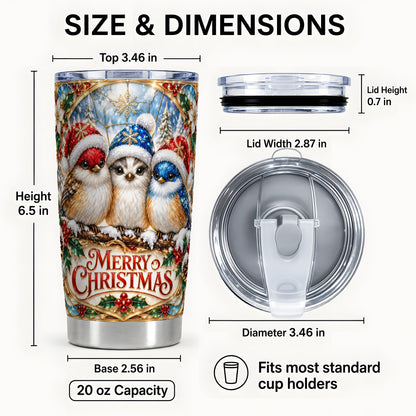 #pl[20oz|Steel] Merry Christmas Birds Tumbler 20oz, Stained Glass Style Travel Cup