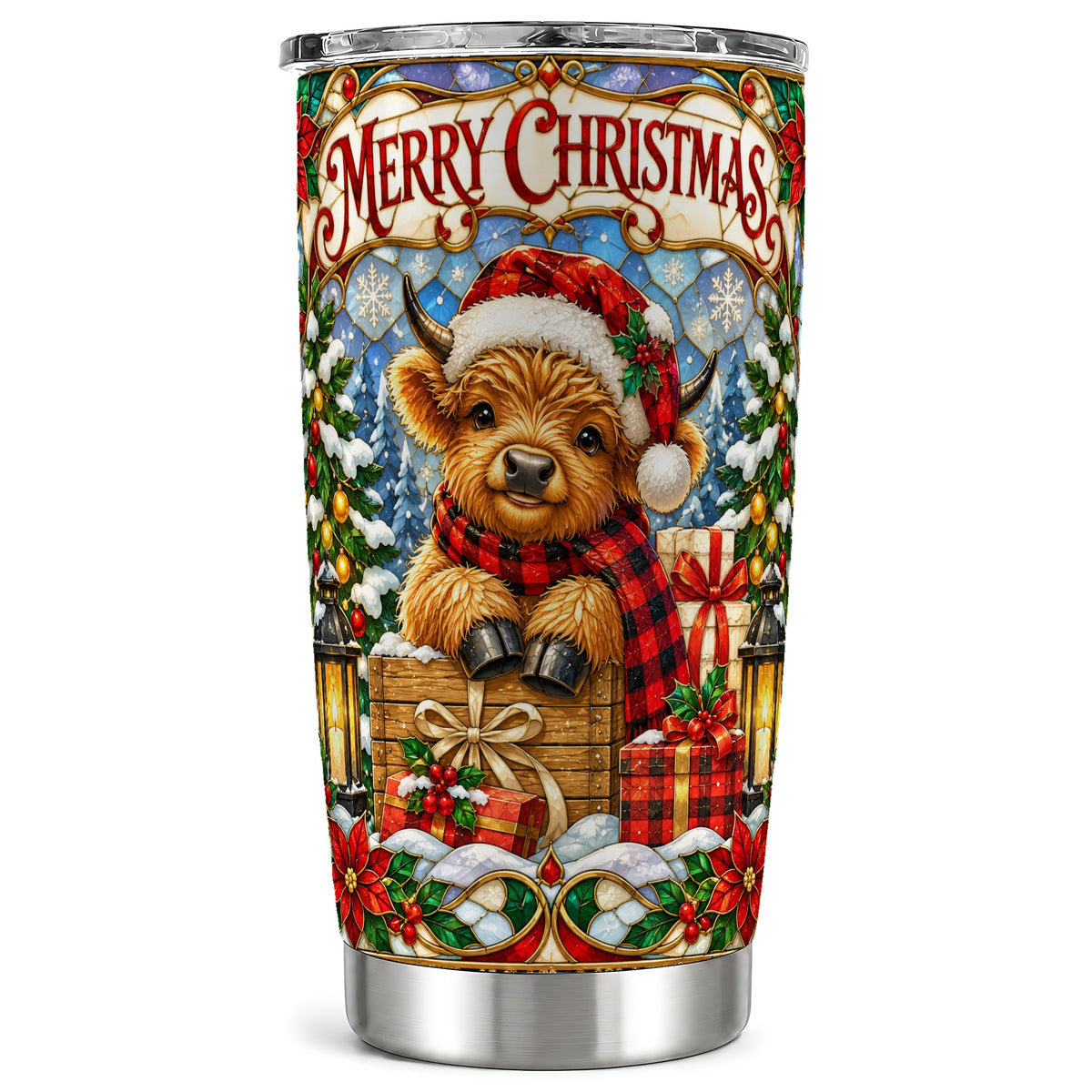 #pl[20oz|Steel] Merry Christmas Cow Tumbler 20oz, Farm Holiday Stainless Steel Travel Cup